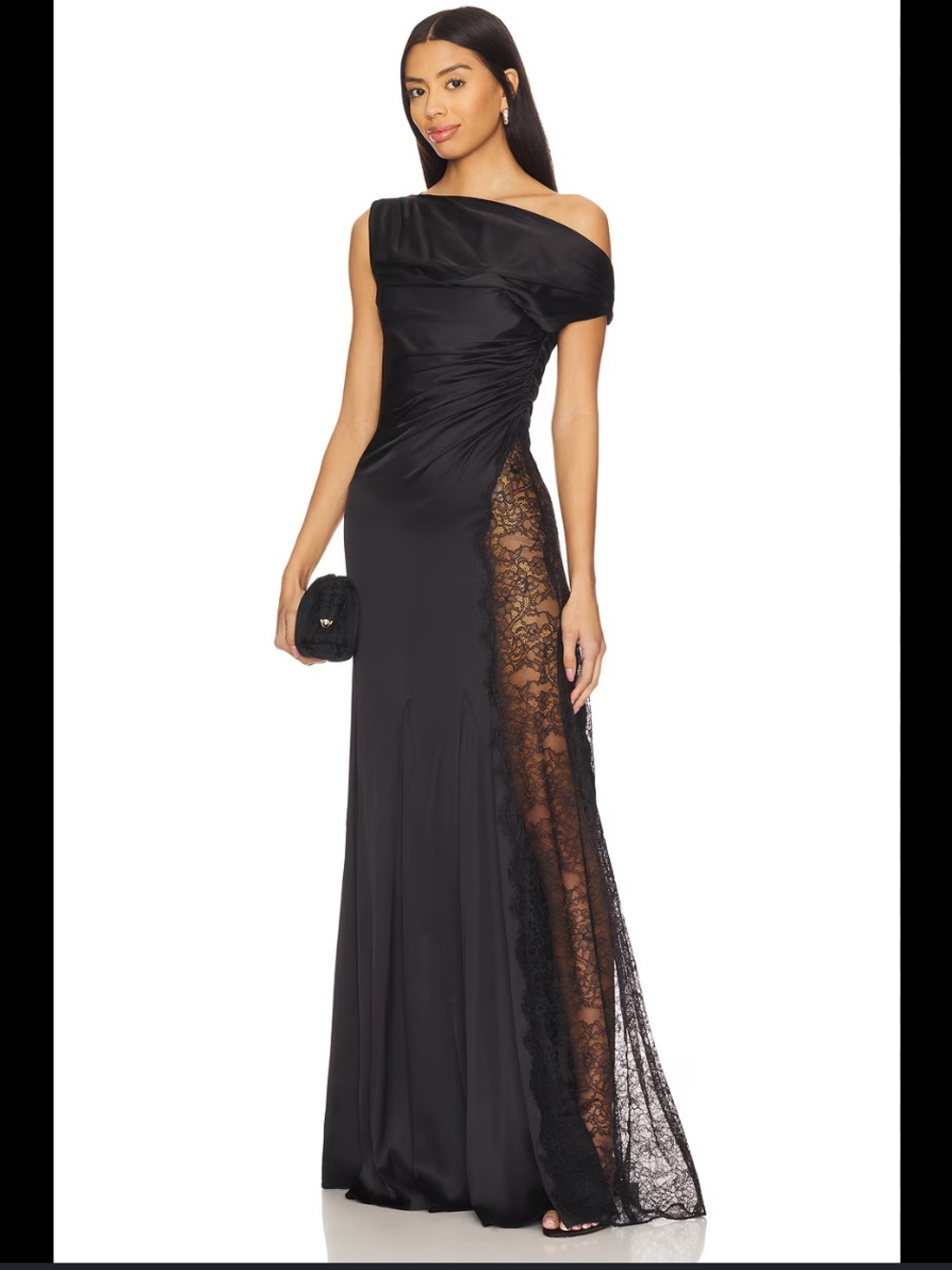 New NBD Rowan Black Gown Lace Panel Maxi Dress Ruched Off The Shoulder Formal - Picture 1 of 14
